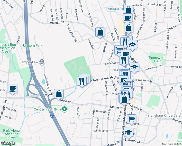 map of restaurants, bars, coffee shops, grocery stores, and more near 70 Lindenwood Road in Stoneham