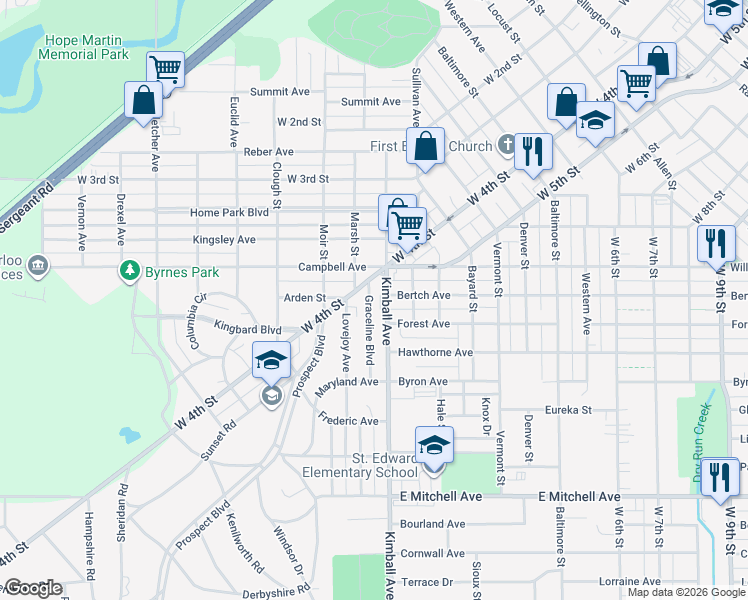map of restaurants, bars, coffee shops, grocery stores, and more near 121 Graceline Boulevard in Waterloo