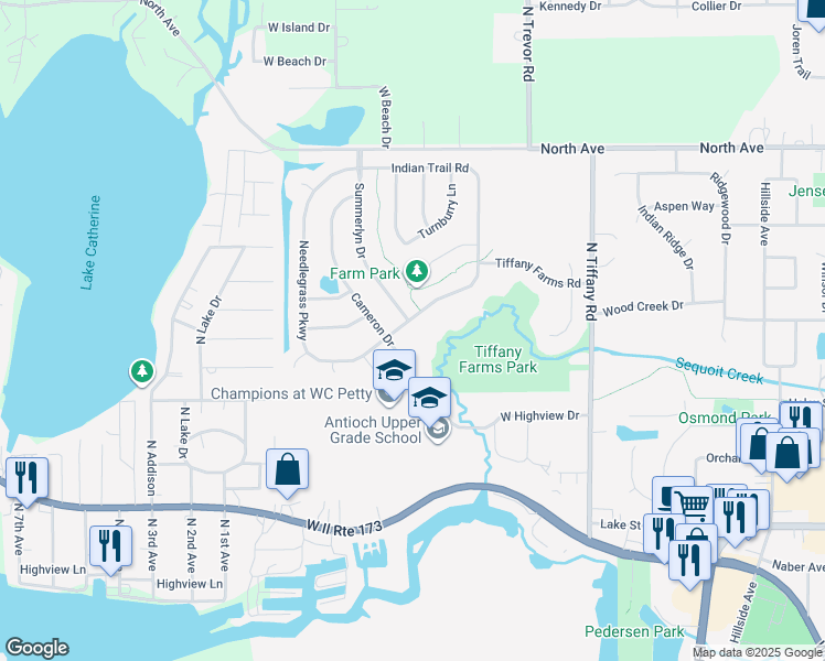 map of restaurants, bars, coffee shops, grocery stores, and more near 918 Tiffany Farms Road in Antioch