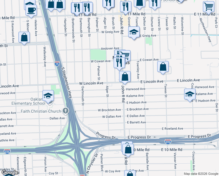 map of restaurants, bars, coffee shops, grocery stores, and more near 305 West Lincoln Avenue in Madison Heights