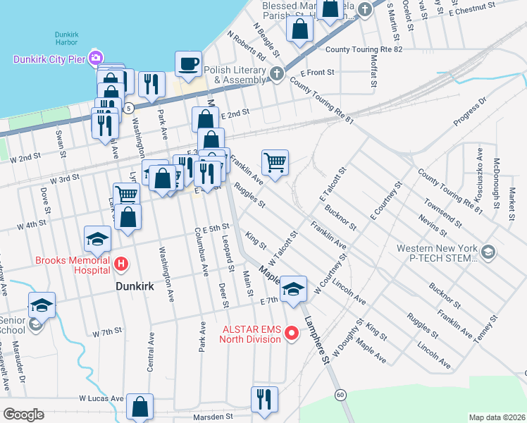 map of restaurants, bars, coffee shops, grocery stores, and more near 55 Ruggles Street in Dunkirk