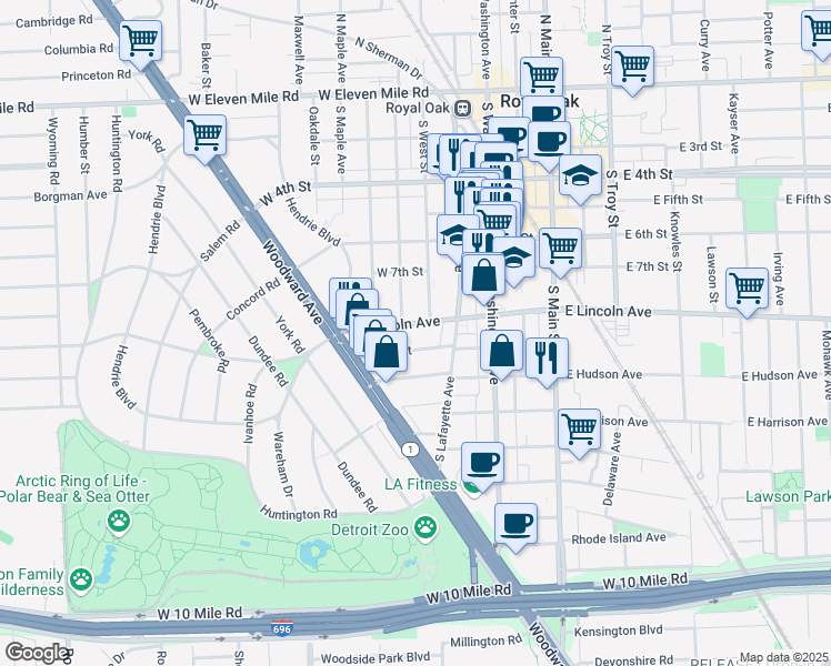 map of restaurants, bars, coffee shops, grocery stores, and more near 517 West Lincoln Avenue in Royal Oak