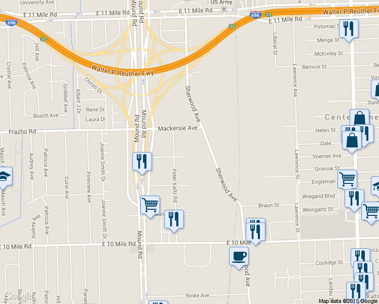 map of restaurants, bars, coffee shops, grocery stores, and more near 6215 Voerner Avenue in Warren