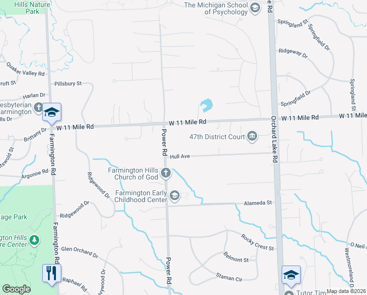 map of restaurants, bars, coffee shops, grocery stores, and more near 32218 Hull Avenue in Farmington Hills