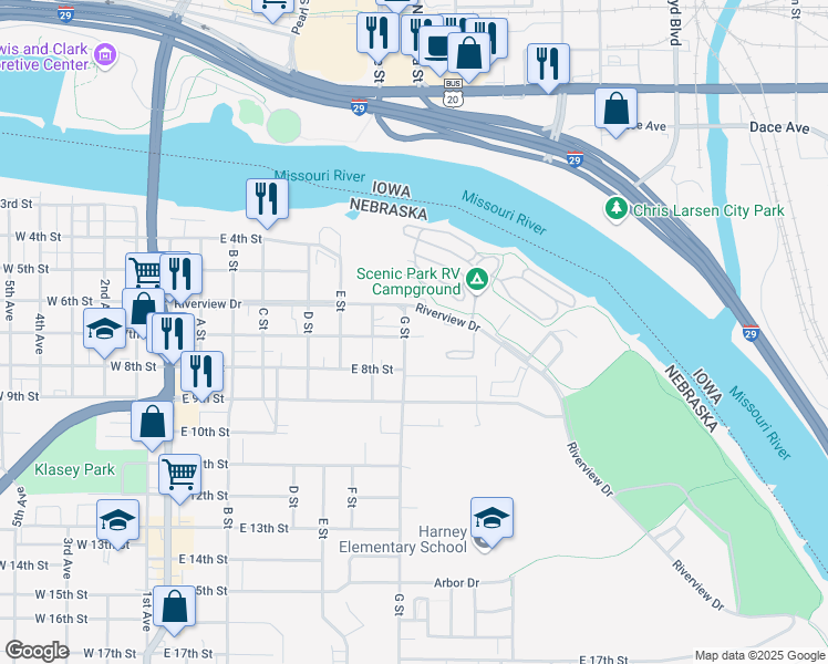 map of restaurants, bars, coffee shops, grocery stores, and more near 909 East 7th Street in South Sioux City