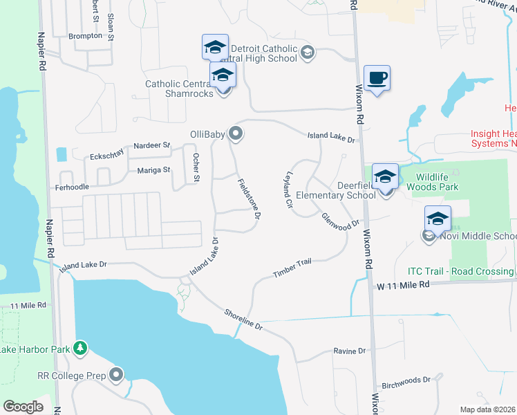 map of restaurants, bars, coffee shops, grocery stores, and more near 26298 Fieldstone Drive in Novi