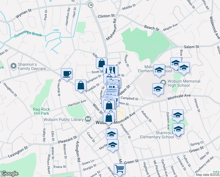 map of restaurants, bars, coffee shops, grocery stores, and more near 510 Main Street in Woburn