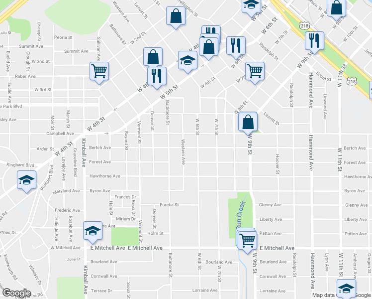 map of restaurants, bars, coffee shops, grocery stores, and more near 702 Bertch Avenue in Waterloo