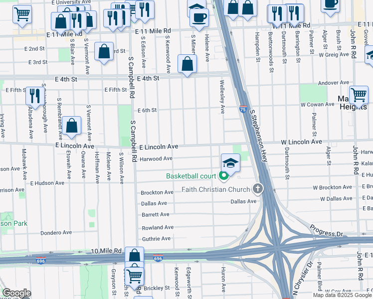map of restaurants, bars, coffee shops, grocery stores, and more near 2102 East Lincoln Avenue in Royal Oak