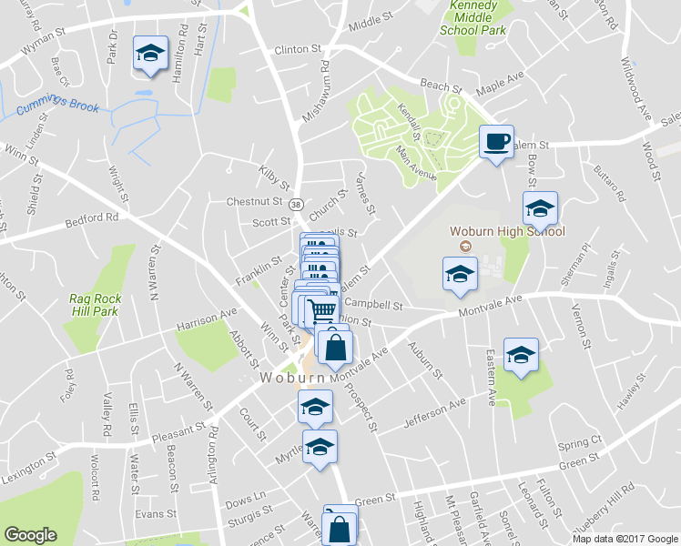 map of restaurants, bars, coffee shops, grocery stores, and more near 26 Salem Street in Woburn