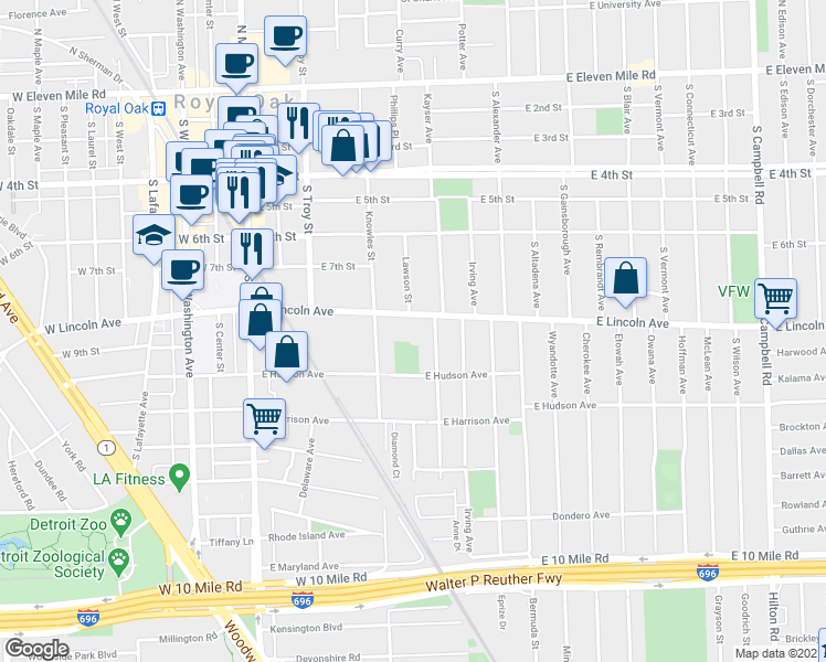 map of restaurants, bars, coffee shops, grocery stores, and more near 610 East Lincoln Avenue in Royal Oak