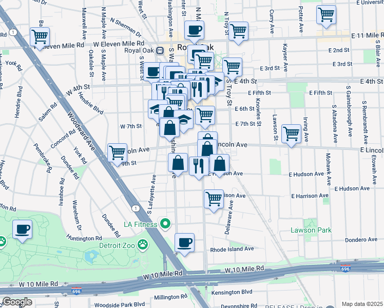 map of restaurants, bars, coffee shops, grocery stores, and more near 813 South Center Street in Royal Oak