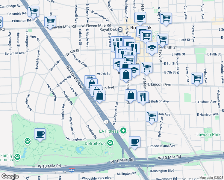 map of restaurants, bars, coffee shops, grocery stores, and more near 517 West Lincoln Avenue in Royal Oak