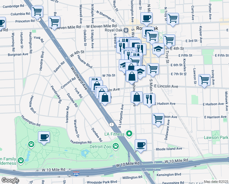 map of restaurants, bars, coffee shops, grocery stores, and more near 517 West Lincoln Avenue in Royal Oak