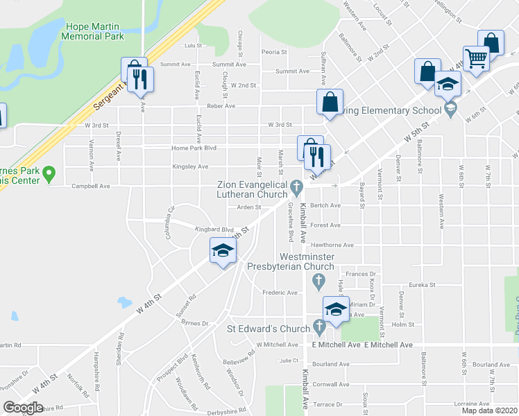 map of restaurants, bars, coffee shops, grocery stores, and more near 110 Arden Street in Waterloo