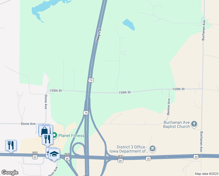 map of restaurants, bars, coffee shops, grocery stores, and more near 1453 155th Street in Sioux City