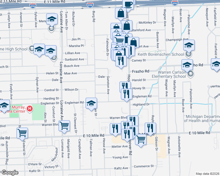 map of restaurants, bars, coffee shops, grocery stores, and more near 25540 Gunston Avenue in Warren