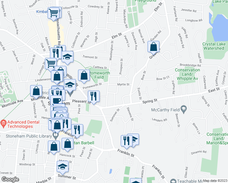 map of restaurants, bars, coffee shops, grocery stores, and more near 8 Avon Street in Stoneham