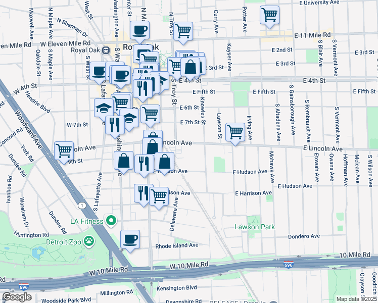 map of restaurants, bars, coffee shops, grocery stores, and more near 332 East Lincoln Avenue in Royal Oak