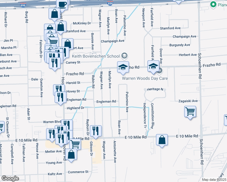 map of restaurants, bars, coffee shops, grocery stores, and more near 25608 Marilyn Avenue in Warren