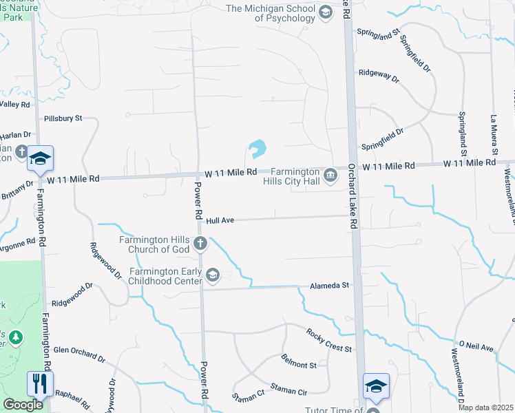 map of restaurants, bars, coffee shops, grocery stores, and more near 32188 Hull Avenue in Farmington Hills