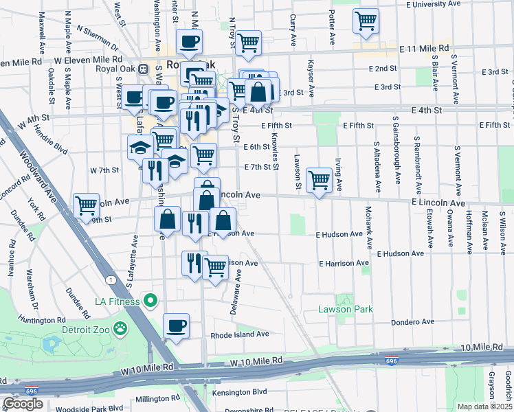 map of restaurants, bars, coffee shops, grocery stores, and more near 332 East Lincoln Avenue in Royal Oak
