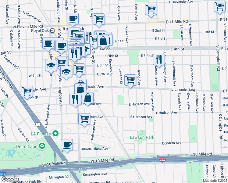 map of restaurants, bars, coffee shops, grocery stores, and more near 815 Knowles Street in Royal Oak
