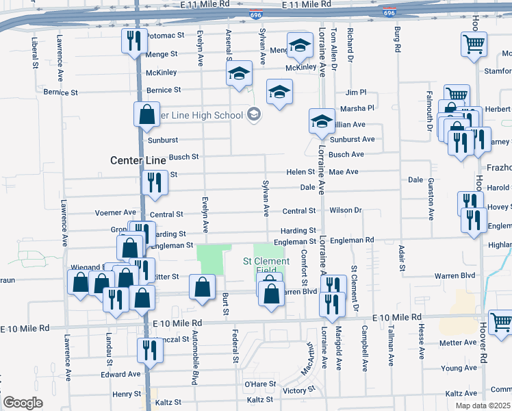 map of restaurants, bars, coffee shops, grocery stores, and more near 8441 Central Street in Center Line