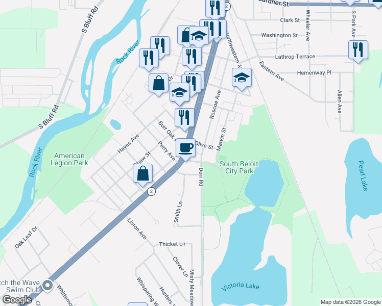 map of restaurants, bars, coffee shops, grocery stores, and more near 922 Roscoe Avenue in South Beloit