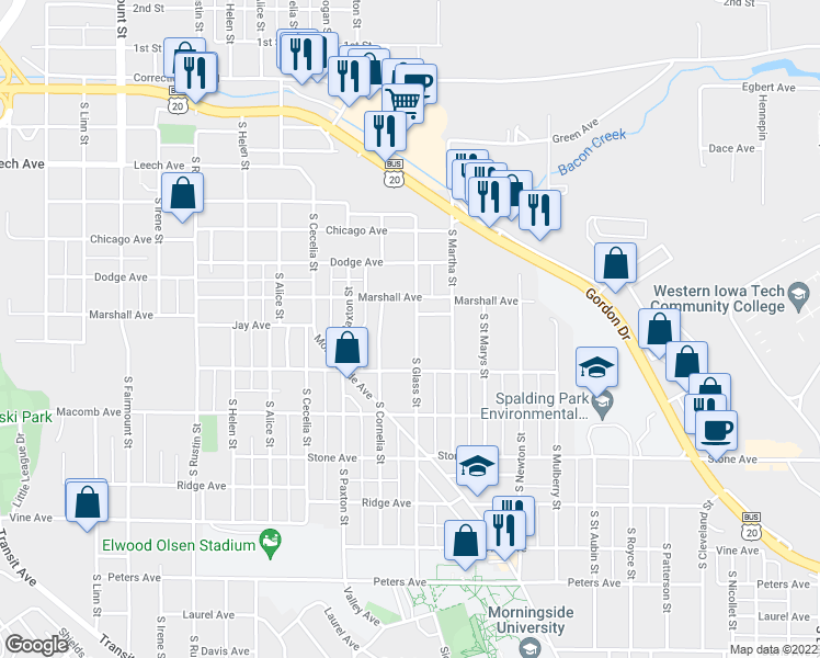 map of restaurants, bars, coffee shops, grocery stores, and more near 825 South Glass Street in Sioux City