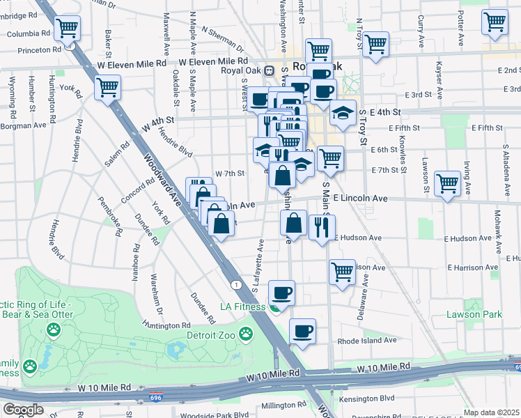 map of restaurants, bars, coffee shops, grocery stores, and more near 806 South Lafayette Avenue in Royal Oak