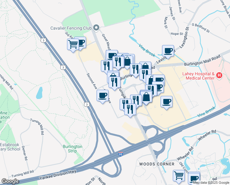map of restaurants, bars, coffee shops, grocery stores, and more near 50 South Avenue in Burlington