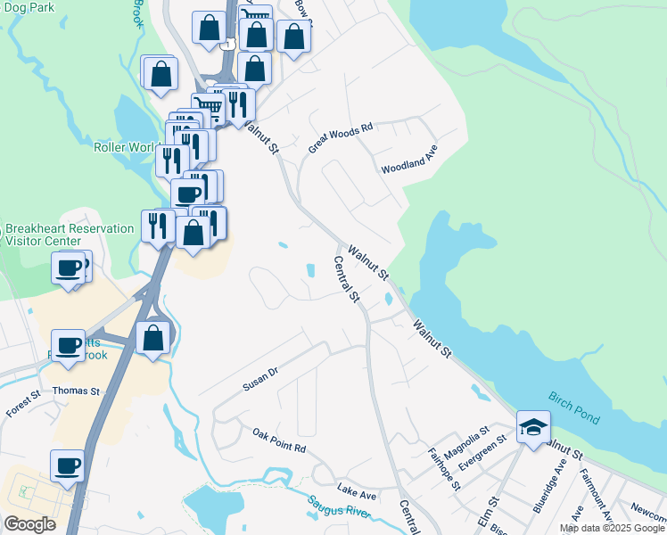 map of restaurants, bars, coffee shops, grocery stores, and more near 15 Central Street in Saugus