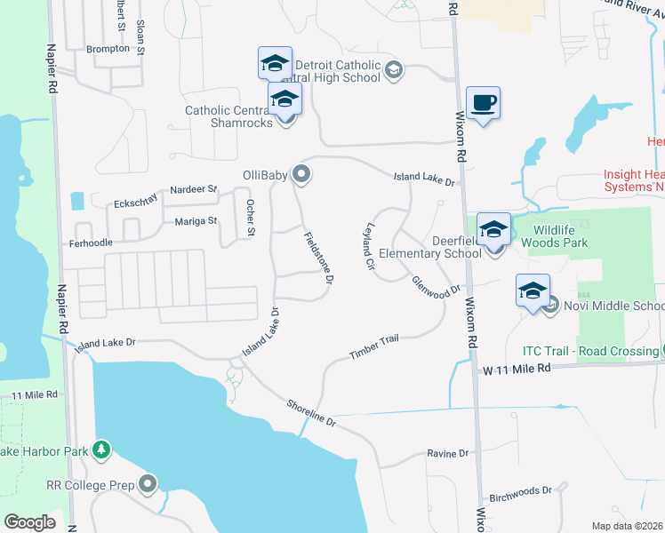 map of restaurants, bars, coffee shops, grocery stores, and more near 26298 Fieldstone Drive in Novi