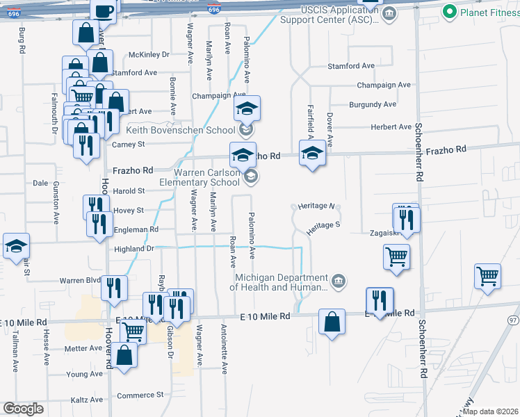 map of restaurants, bars, coffee shops, grocery stores, and more near 25630 Palomino Avenue in Warren