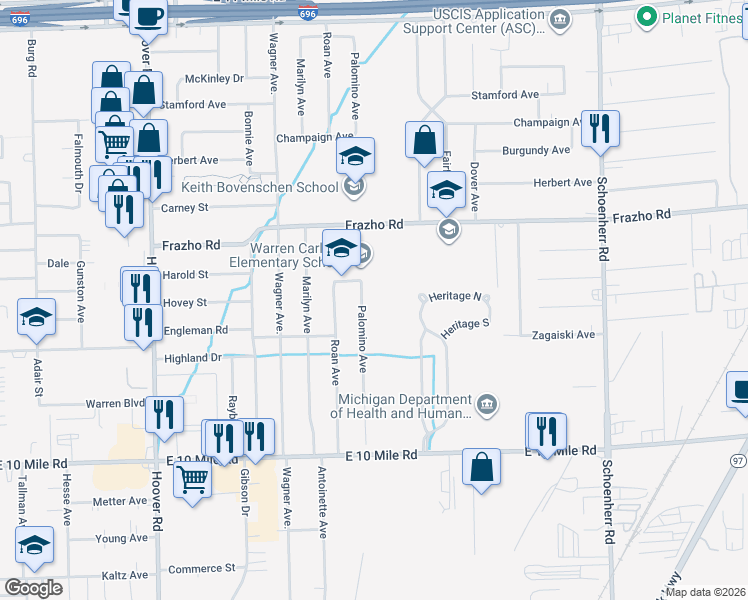 map of restaurants, bars, coffee shops, grocery stores, and more near 25630 Palomino Avenue in Warren