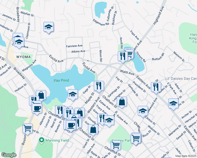 map of restaurants, bars, coffee shops, grocery stores, and more near 84 Maple Street in Lynn