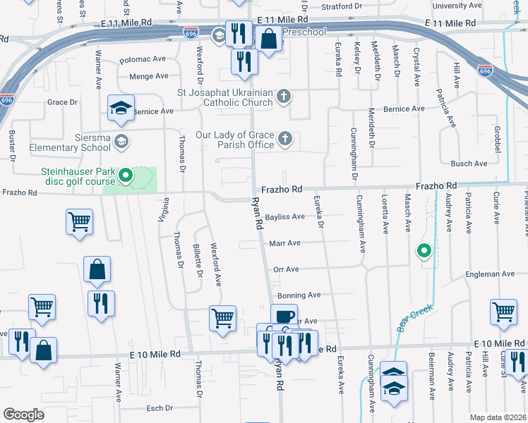 map of restaurants, bars, coffee shops, grocery stores, and more near 4233 Bayliss Avenue in Warren