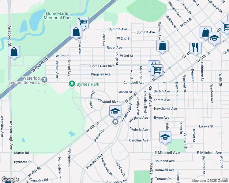 map of restaurants, bars, coffee shops, grocery stores, and more near 830 Clough Street in Waterloo
