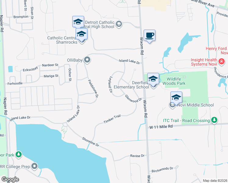 map of restaurants, bars, coffee shops, grocery stores, and more near 49746 Leyland Circle in Novi