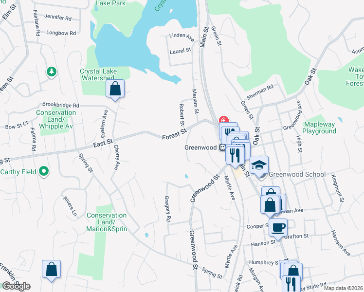 map of restaurants, bars, coffee shops, grocery stores, and more near 17 Forest Road in Wakefield