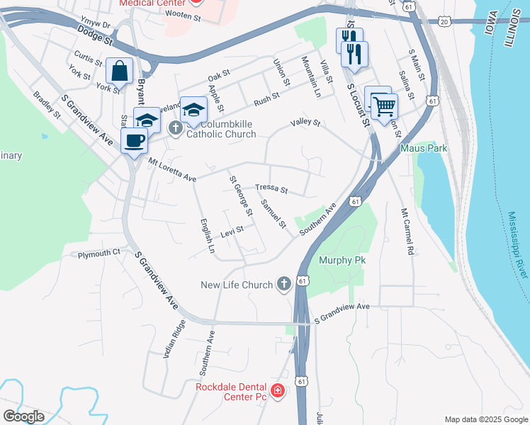 map of restaurants, bars, coffee shops, grocery stores, and more near 581 Samuel St in Dubuque