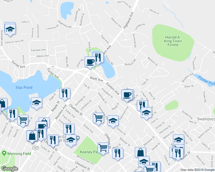 map of restaurants, bars, coffee shops, grocery stores, and more near 8 Lufkin Street in Lynn