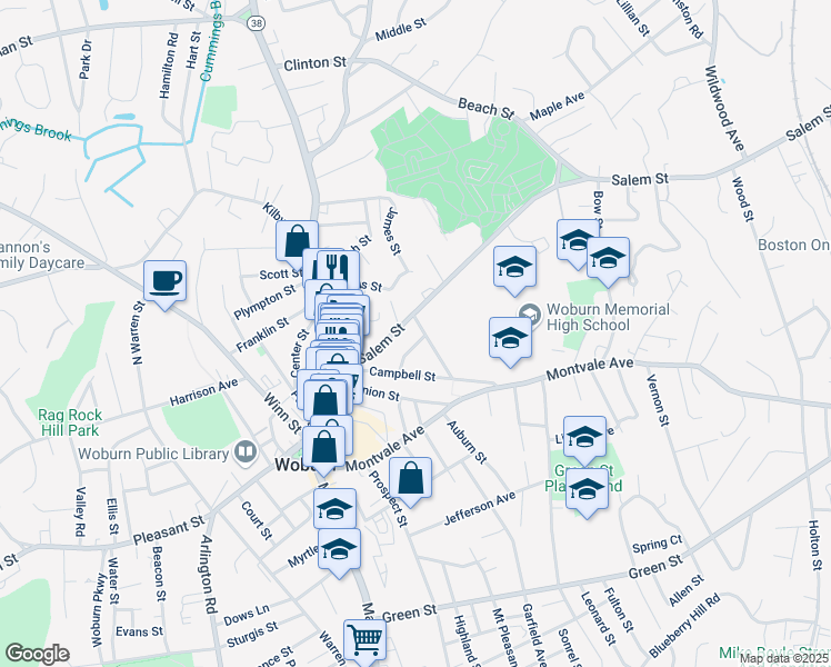 map of restaurants, bars, coffee shops, grocery stores, and more near 5 Wade Avenue in Woburn