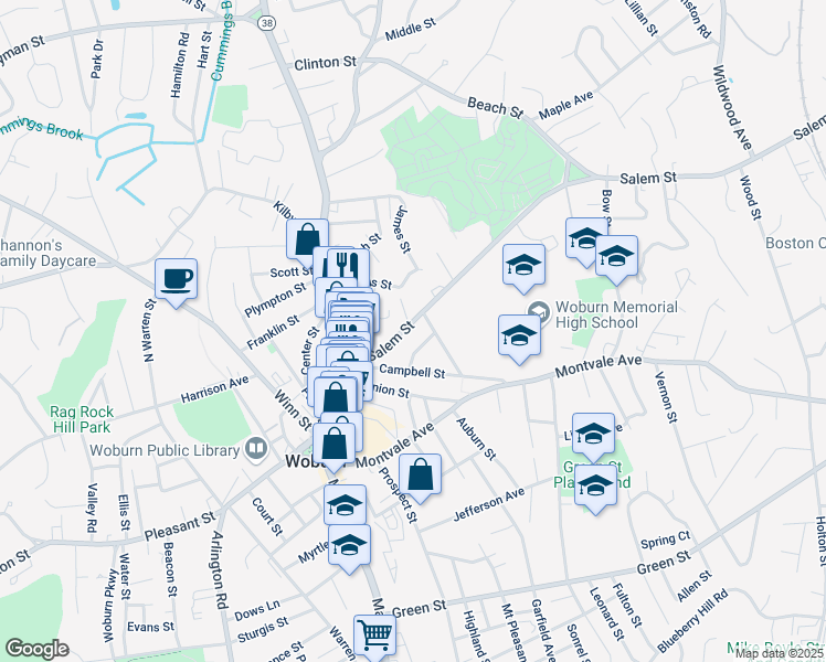 map of restaurants, bars, coffee shops, grocery stores, and more near 5 Wade Avenue in Woburn