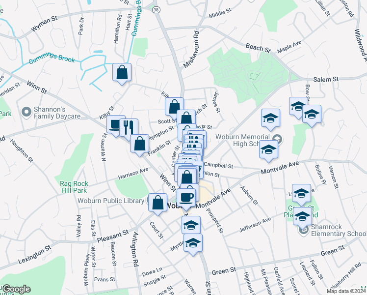 map of restaurants, bars, coffee shops, grocery stores, and more near 36 Center Street in Woburn