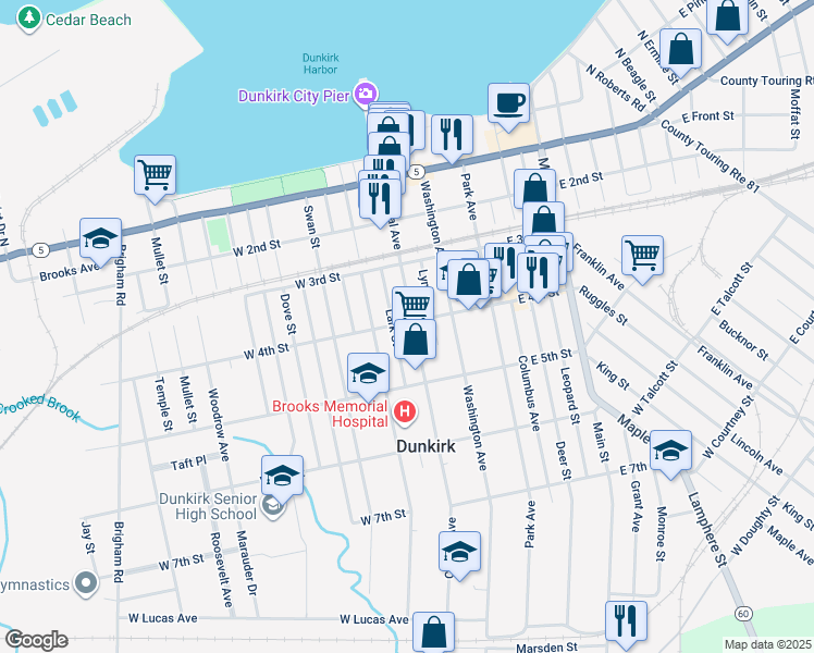 map of restaurants, bars, coffee shops, grocery stores, and more near 8-10 West 4th Street in Dunkirk