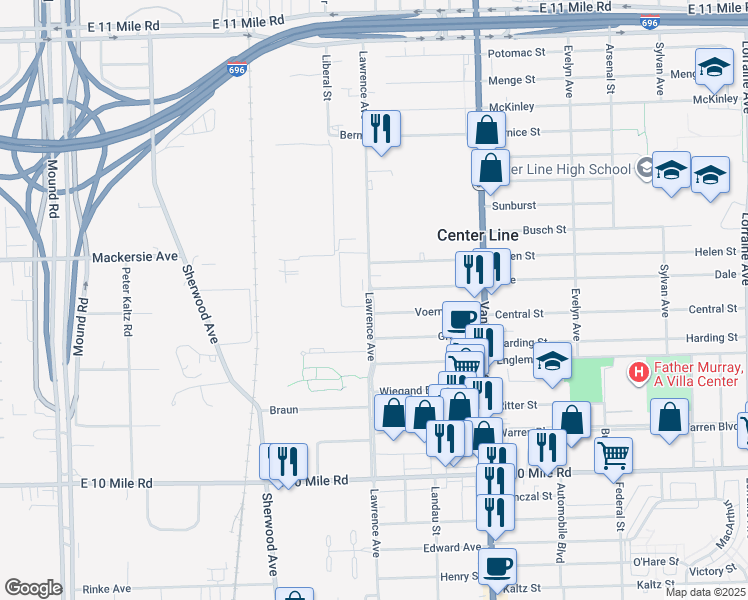 map of restaurants, bars, coffee shops, grocery stores, and more near 25999 Lawrence Avenue in Center Line