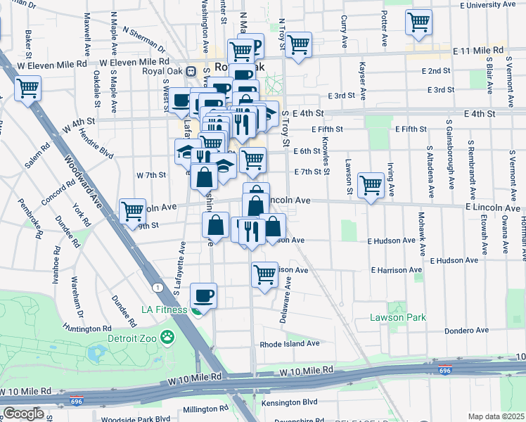 map of restaurants, bars, coffee shops, grocery stores, and more near 855 South Main Street in Royal Oak
