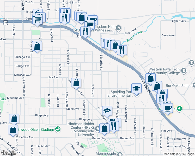map of restaurants, bars, coffee shops, grocery stores, and more near 817 South Martha Street in Sioux City